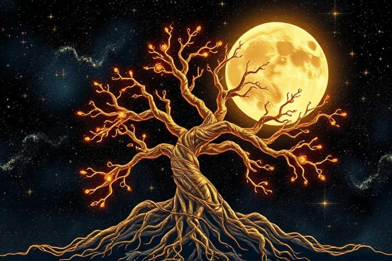 Árbol cósmico con raíces en una nebulosa y ramas hacia una luna cristalina, con símbolos abstractos de riqueza y conexión.