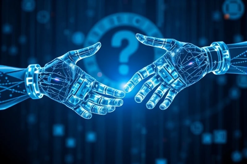 Render 3D conceptual de una mano humana y una mano robótica, ambas hechas de luz y código intrincado, tocándose suavemente. Al fondo, un icono de dilema ético borroso, simbolizando las profundas implicaciones morales de la conciencia artificial.