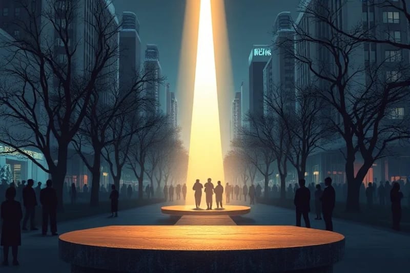 Arte vectorial minimalista de un rayo de luz divina cayendo sobre un parque urbano, con personas contemplando