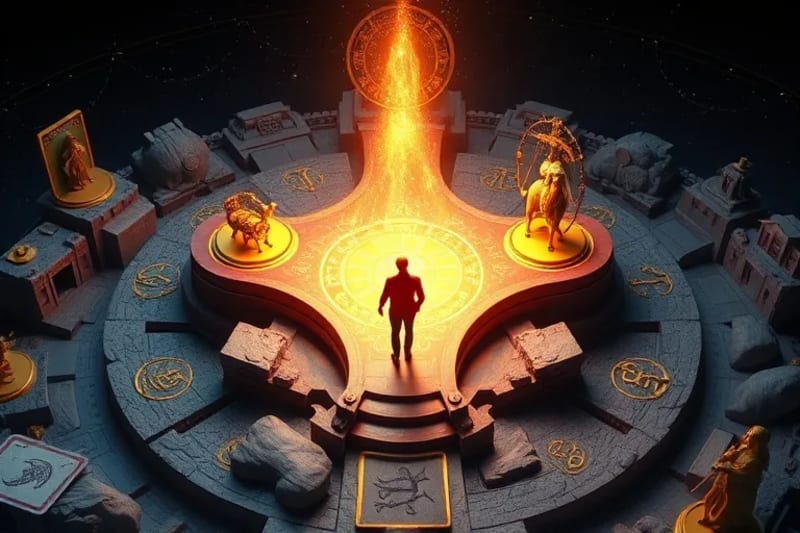 Digital painting of a person at a crossroads, with luminous career paths branching out. Tarot card symbols like The Chariot and The Empress are subtly integrated into the pathways, guiding the viewer.