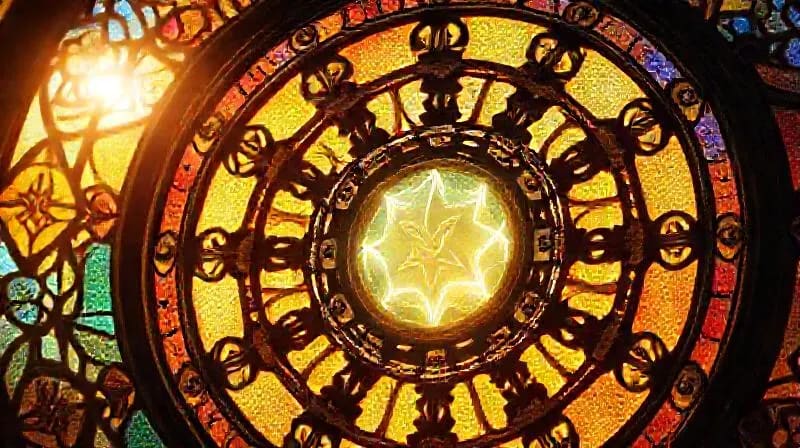 Conceptual 3D render of an intricate 'wheel of fortune' mechanism, with cogs and gears made of professional tools like a briefcase and wrench. A glowing tarot card, The Wheel of Fortune, is at its center.