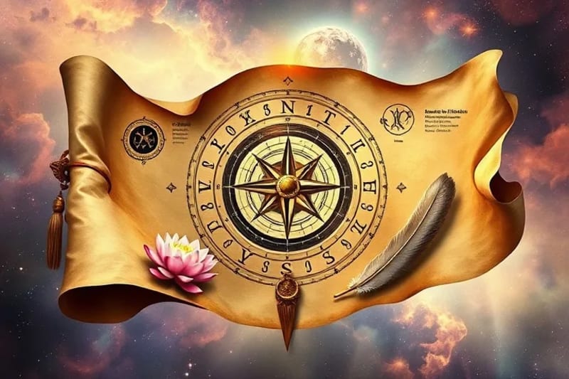 Papiro antiguo desenrollándose para revelar un mapa astral, con un compás y una flor de loto, simbolizando la búsqueda y manifestación del propósito de vida.