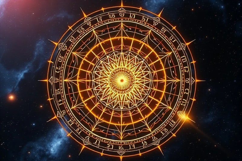 3D render of a stylized natal chart with glowing lines representing planetary aspects and transformative transits.