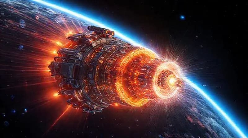 Diagrama de un motor de iones futurista, con componentes internos detallados y un haz de plasma brillante que emana del propulsor.