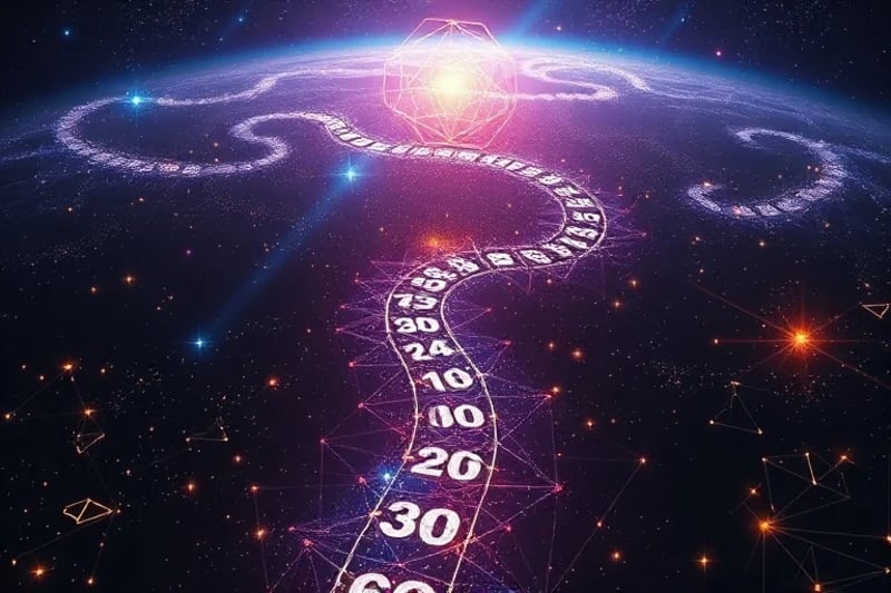 A winding, illuminated path made of interconnected numbers, symbolizing the journey of life and destiny.