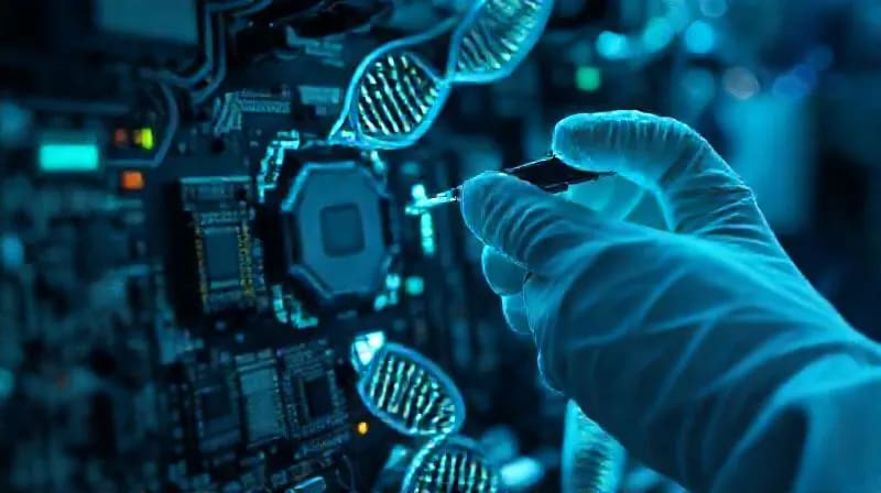 Laboratorio futurista con hebras de ADN manipuladas por científicos.