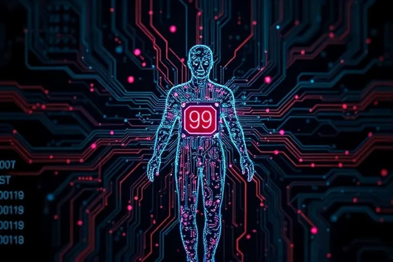 Representación abstracta de un humano con circuitos y datos genéticos, simbolizando el biohacking.