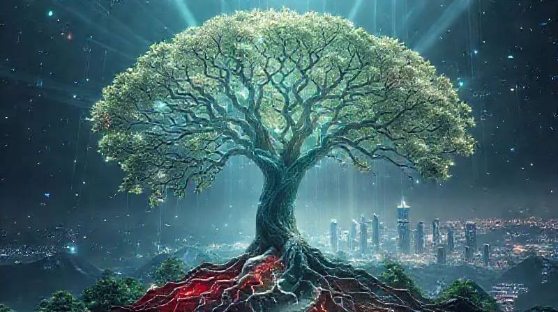 Árbol de la vida estilizado con raíces que representan dilemas éticos y ramas que alcanzan el futuro.