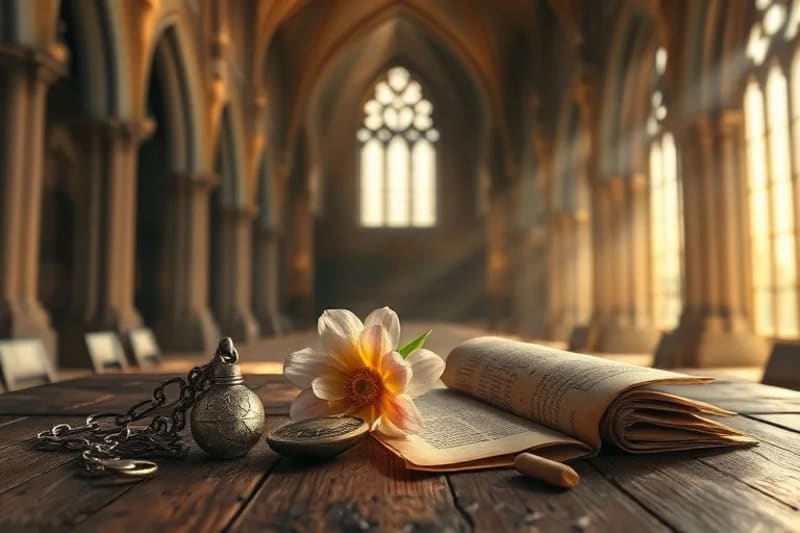 Objetos simbólicos como un relicario antiguo, una cadena rota y una flor, representando cargas y bendiciones ancestrales.