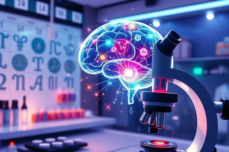 Laboratorio futurista con cerebro y carta astral