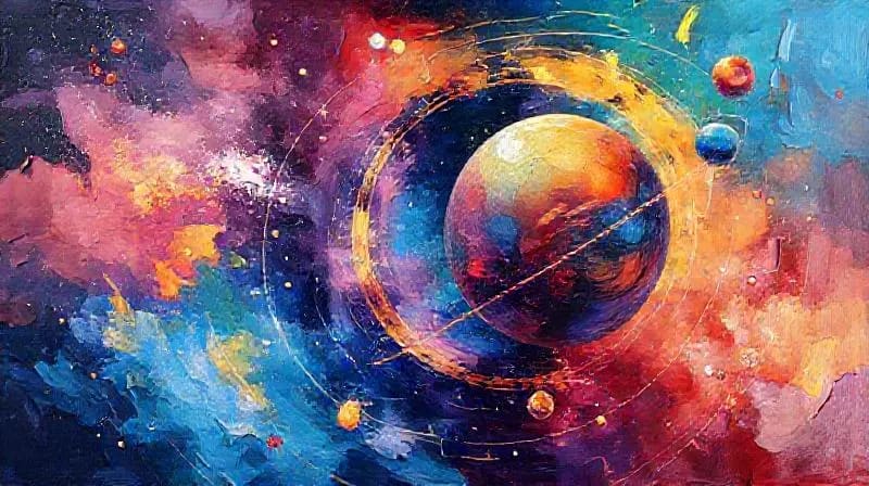 Abstract vector art showing geometric shapes and lines connecting colorful spheres, symbolizing planetary energies and their complex interactions.