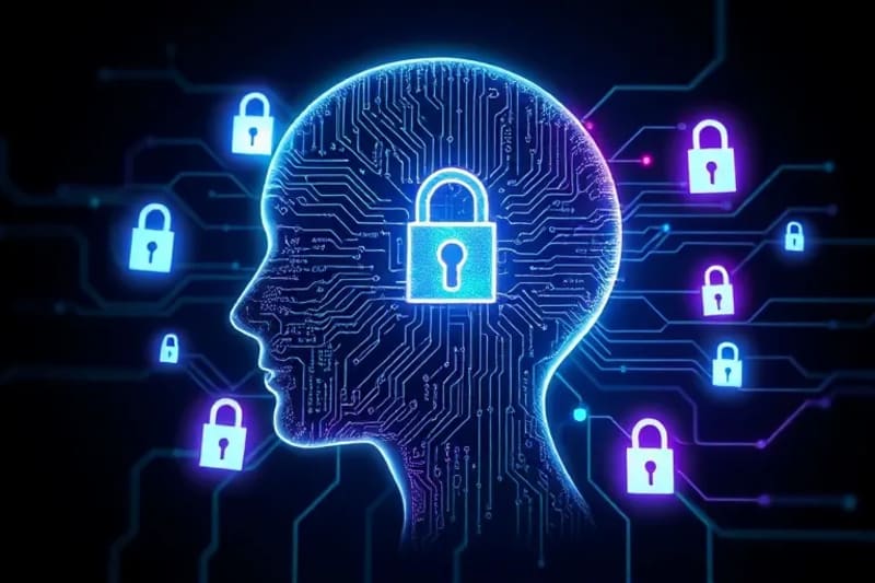 Silueta de cabeza humana con circuitos y datos fluyendo, simbolizando la privacidad mental.