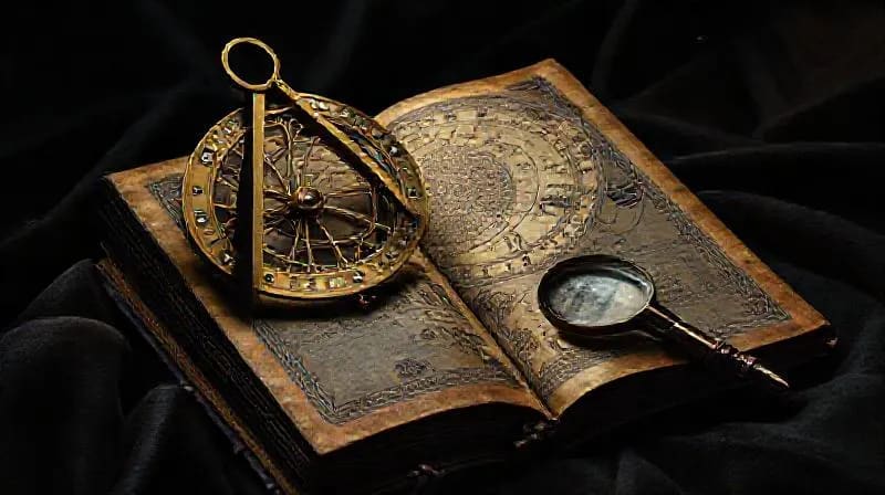 Oil painting of an antique astrolabe, a leather-bound book, quill, and magnifying glass on velvet, under moonlight, symbolizing deep astrological study.