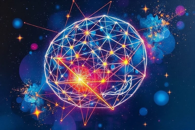 Red neuronal intrincada con geometría sagrada y un cerebro estilizado, representando la IA y la conciencia cósmica.