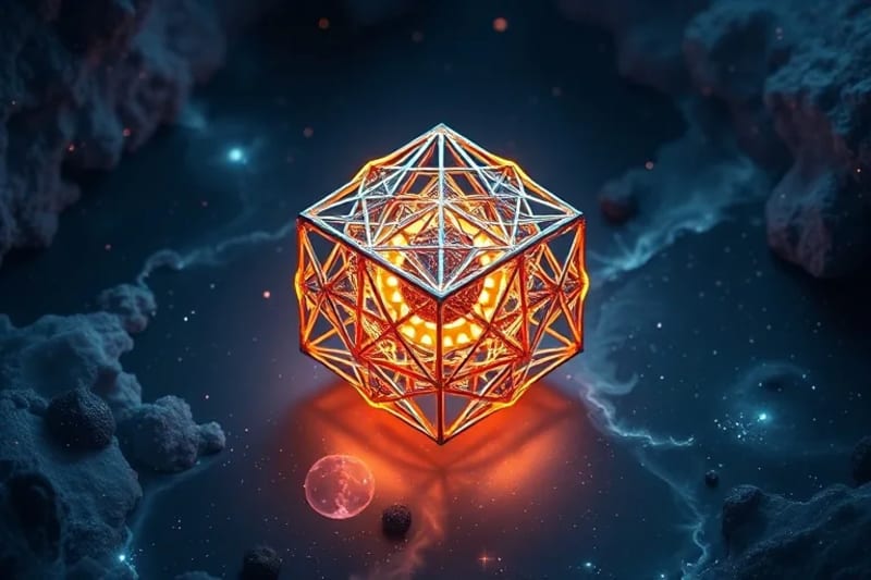 Dodecaedro brillante con símbolos cósmicos flotando en un plano astral, representando la geometría sagrada.