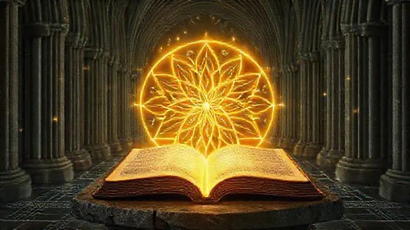 Diagrama abstracto de la Flor de la Vida superpuesto en un plano arquitectónico gótico, con líneas doradas brillantes.