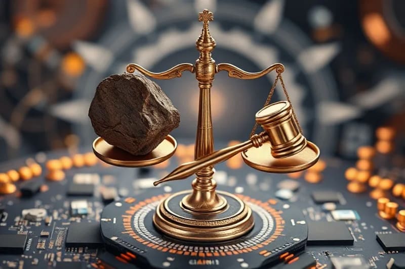 Representación abstracta de balanzas legales equilibrando recursos espaciales y documentos.