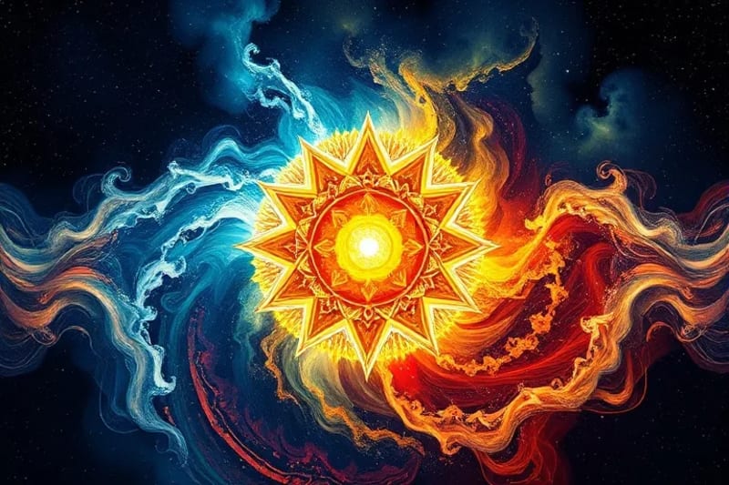 A digital painting of abstract, swirling elemental energies, with two distinct patterns merging into a balanced core, symbolizing the harmonization of different forces.