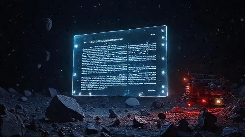 Proyección holográfica de un tratado legal flotando entre fragmentos de asteroides y maquinaria de minería.