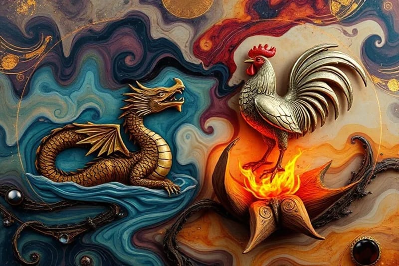 A highly detailed 3D render of a diorama showing a wooden dragon sculpture partially submerged in water, connected by a glowing earth-toned thread to a metallic rooster figurine atop embers, symbolizing elemental mediation.