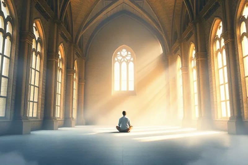 Persona meditando en un espacio tranquilo, luz suave