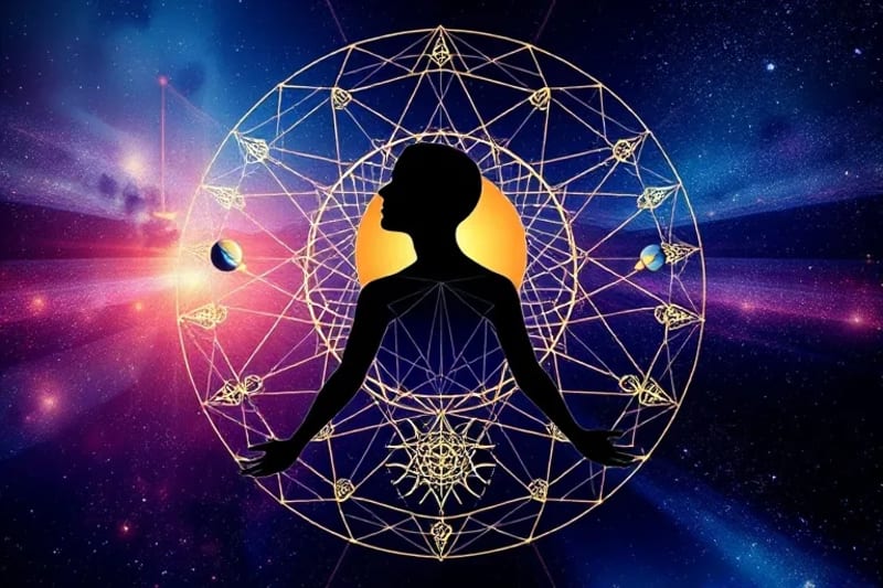 Dynamic vector art of sound waves emanating from a stylized human silhouette, transforming into geometric patterns and celestial bodies, illustrating the vibrational energy of words.