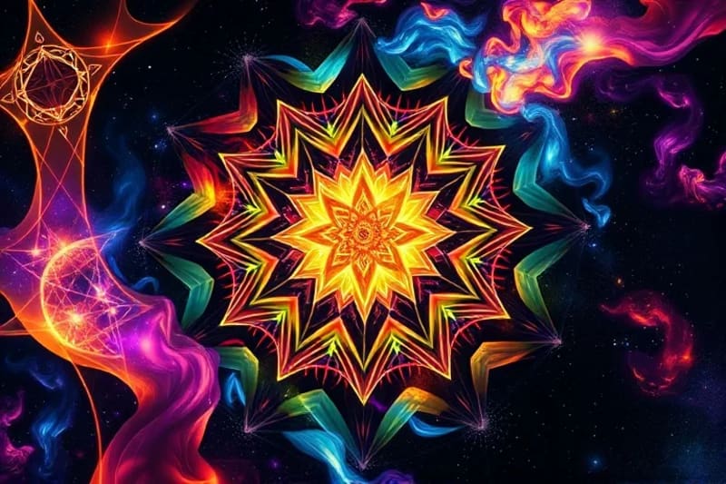 Abstract digital painting with vibrant, swirling colors and light, representing the process of manifestation. Abstract forms coalesce into a radiant shape, with subtle astrological symbols in the background.