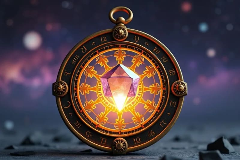 Antiguo astrolabio o esfera celestial con engranajes y constelaciones, emitiendo sombras profundas y luces brillantes desde un cristal central, simbolizando la integración de dualidades.