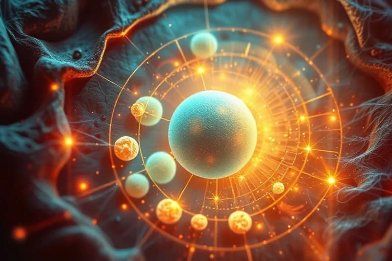 Microscopic view of cells connected by energy pathways, showing sound waves influencing their communication and healing.