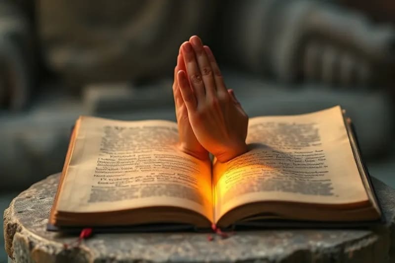 Manos en oración con luz etérea, simbolizando la búsqueda de paz interior