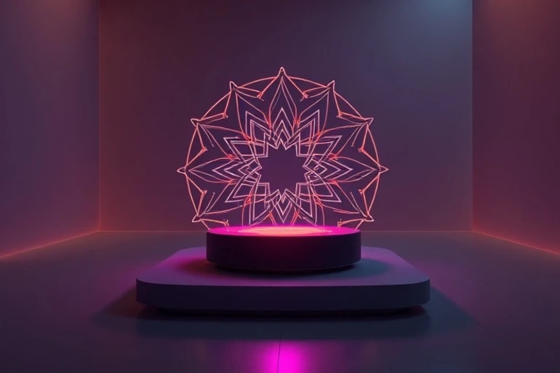 Futuristic sound therapy device emitting light and vibrations in a calm, healing environment.