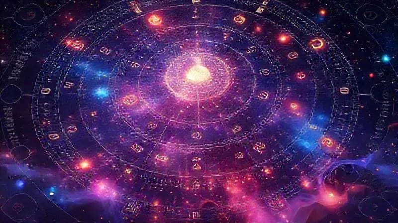 Representación digital de un feed de redes sociales con símbolos planetarios influyendo en interacciones y emociones