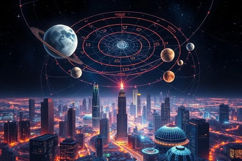 Paisaje abstracto futurista con planetas integrados en una red de ciudad digital y líneas de datos