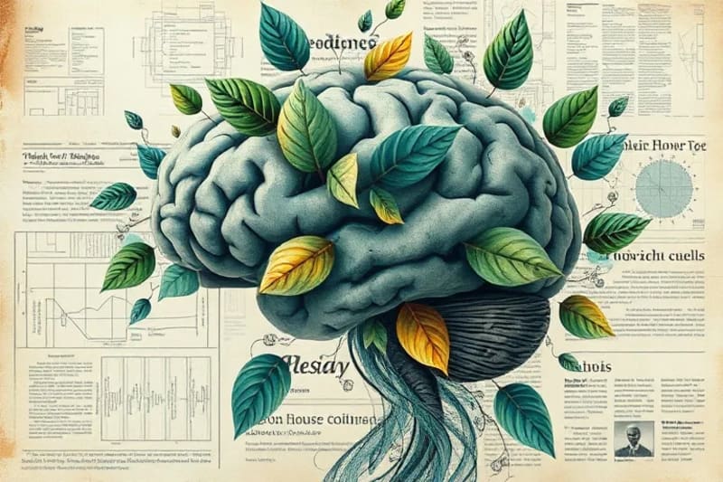Representación abstracta de un cerebro humano fusionándose con planos arquitectónicos y elementos naturales, simbolizando la integración del diseño y la neurociencia.