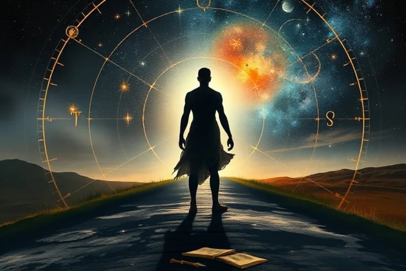 Silueta humana en encrucijada, caminos iluminados y sombríos