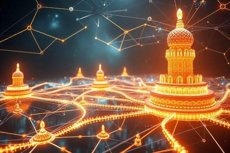 Red de vías luminosas interconectadas que se extienden desde un núcleo vital hacia estructuras arquitectónicas, simbolizando la extensión de la vida a través del diseño.