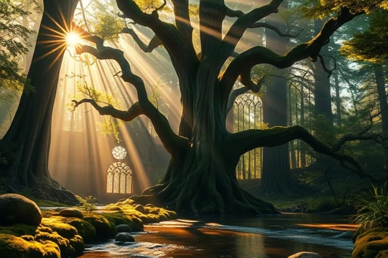 La Sabidur铆a Ancestral de la Naturaleza y la Espiritualidad Bosque antiguo con luz celestial, simbolizando sabidur铆a y sacralidad de la naturaleza.