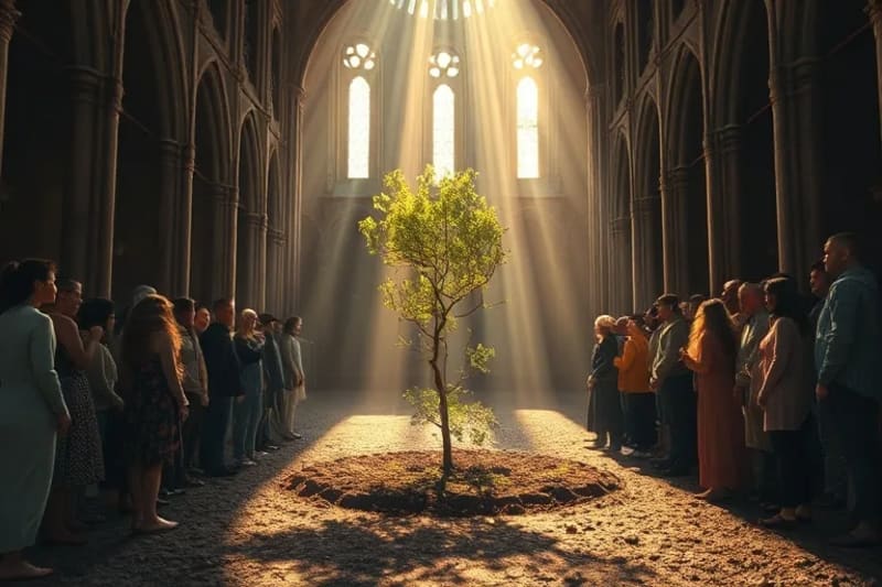 La Humanidad en Armon铆a: Cuidando la Naturaleza Personas cuidando un 谩rbol joven, simbolizando la acci贸n colectiva y la esperanza ambiental.