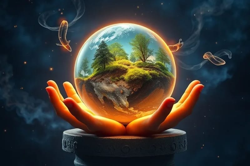 La Tierra Fr谩gil: Un Llamado a la Protecci贸n Divina Esfera de cristal de la Tierra en manos et茅reas, simbolizando la fragilidad y el cuidado de la creaci贸n.