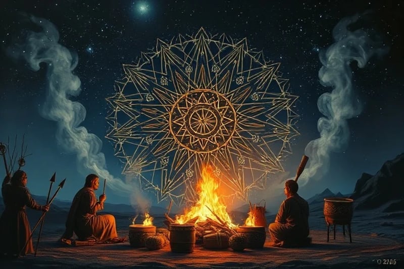 Oil painting of ancient shamanic ritual with subtle digital overlay