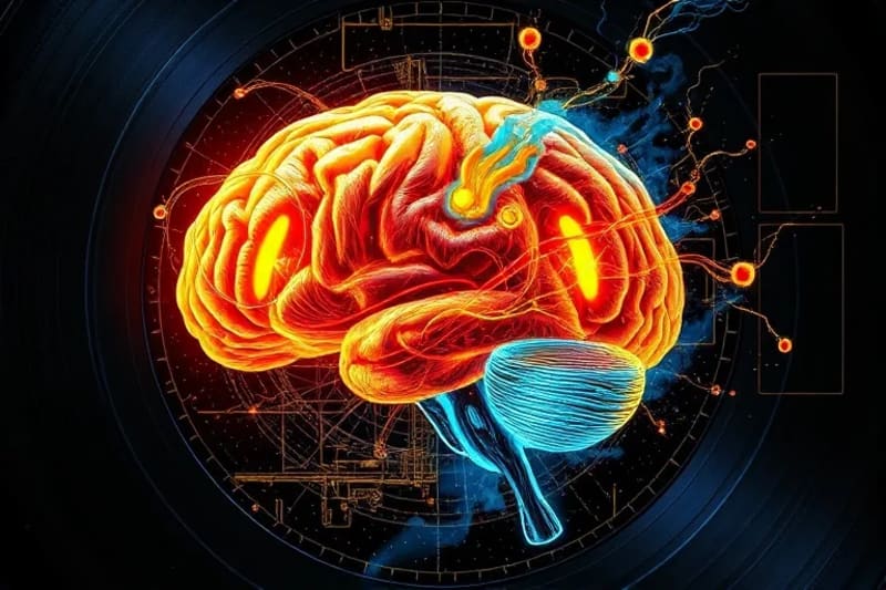 Representación abstracta del cerebro con colores cálidos y fríos, mostrando actividad neural