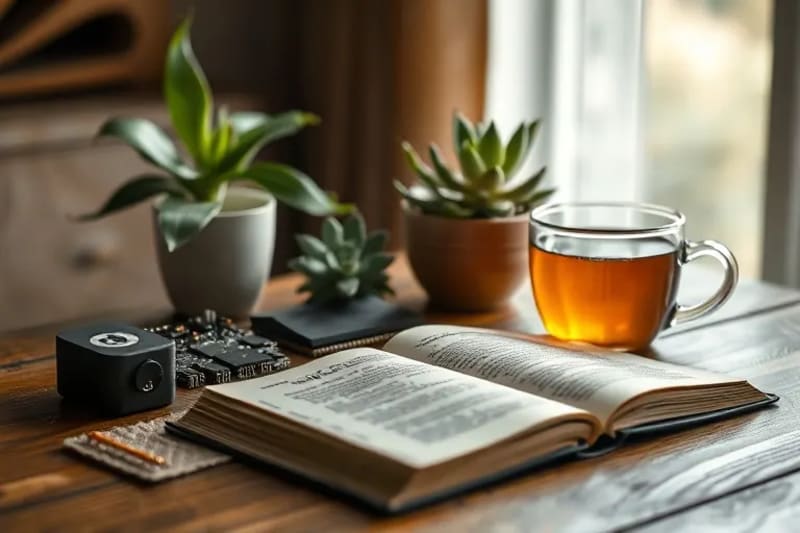 Libro de chistes antiguo con té y planta, simbolizando confort y bienestar