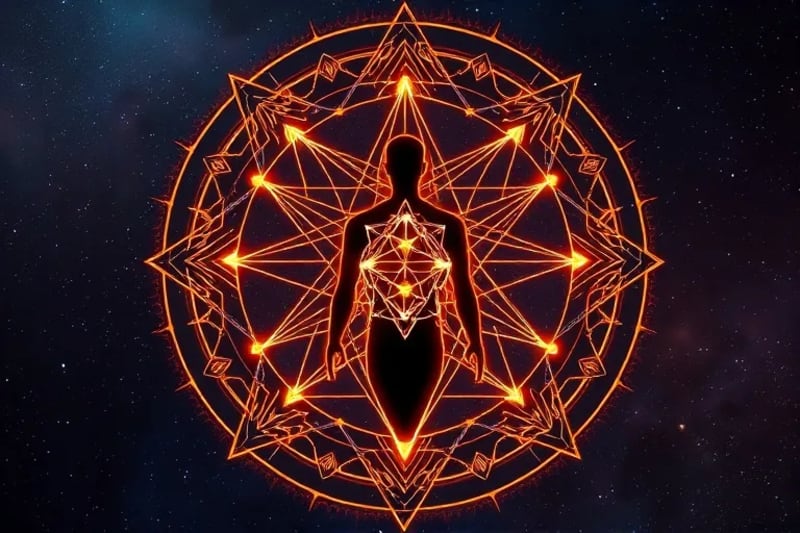 A digital painting of a human figure with glowing chakras, surrounded by abstract planetary symbols and energy lines, depicting cosmic alignment.