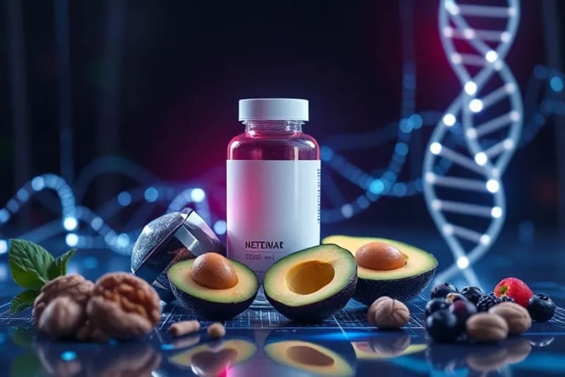 Bodegón de elementos de biohacking: suplementos, smartwatch, alimentos nutritivos y una representación de ADN.