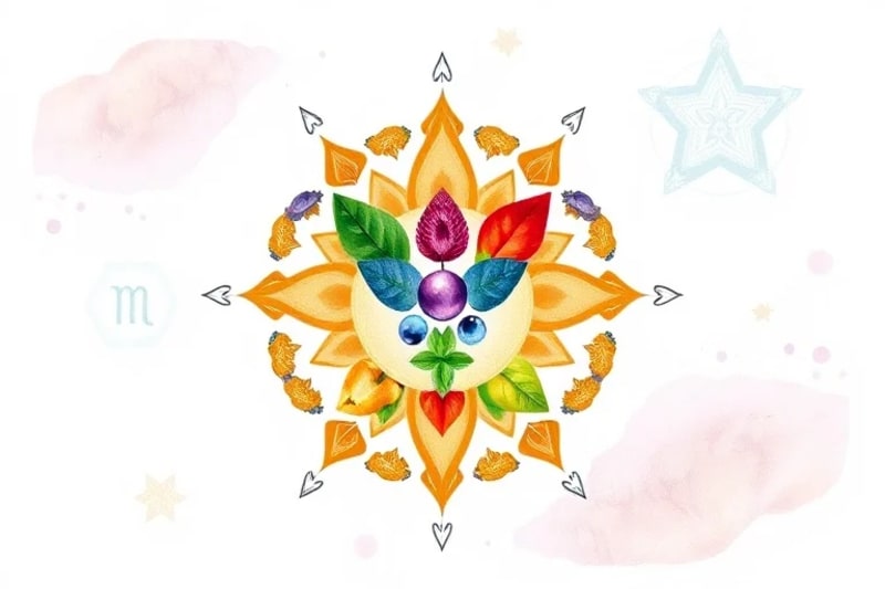 Una ilustración en acuarela de diversas hierbas y especias, cada una con un color que representa un chakra, dispuestas artísticamente para evocar sanación natural.