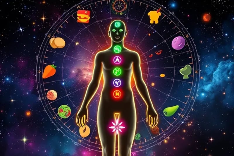 Una silueta humana transparente con los siete chakras iluminados, rodeada por un vórtice de alimentos estilizados que giran en correspondencia con cada centro energético.