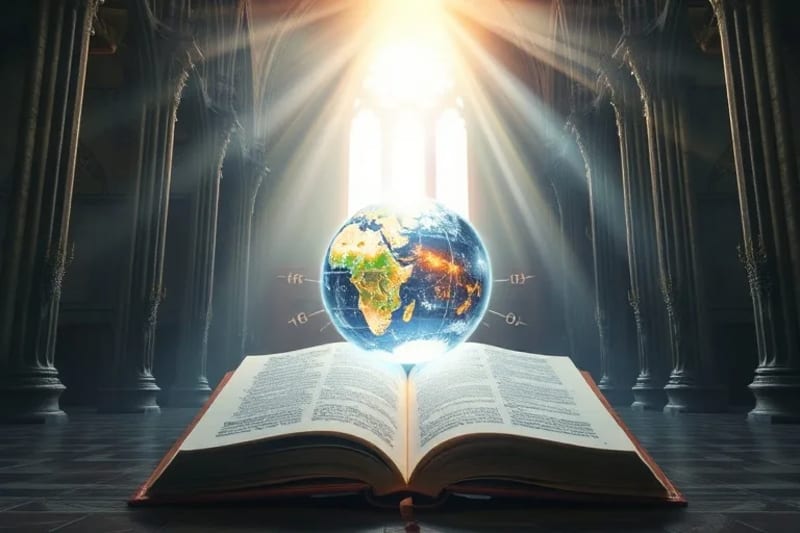 Libro antiguo con símbolos luminosos transformándose en circuitos