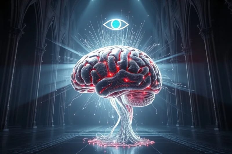 Cerebro de circuitos interconectado con red cósmica y ojo simbólico