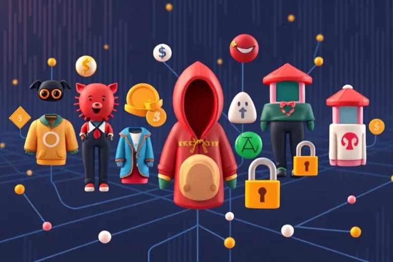 Ilustración vectorial de activos digitales como NFTs, avatares y terrenos virtuales conectados por una red blockchain, protegidos por escudos.