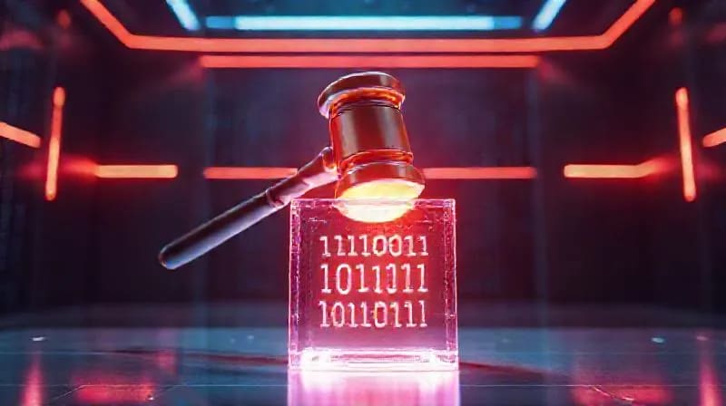 Representación 3D de un mazo de juez futurista golpeando un bloque transparente con código binario, simbolizando la justicia en el metaverso.